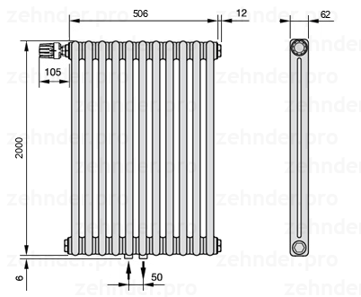 Схема (чертеж) Радиатор Zehnder Charleston 2200/11 №V007 Белый глянцевый RAL 9016